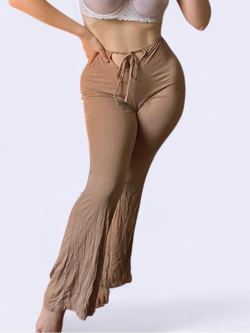 Y2K Khaki Brown Plunge Tie Front Flare Pants